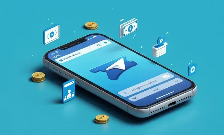 طرق الربح من التليجرام لعام 2026، مع عناصر مثل هاتف ذكي مفتوح على تطبيق تليجرام وأيقونات تمثل المال والمنتجات الرقمية والمجتمع