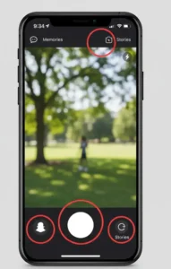 واجهة تطبيق سناب شات الرئيسية توضح شاشة الكاميرا وأيقونات الدردشة والقصص. واجهة تطبيق سناب شات الرئيسية توضح شاشة الكاميرا وأيقونات الدردشة والقصص.